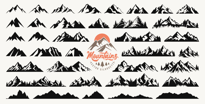 Set of mountain silhouette, nature landscape and hill peak background for social media travel business marketing. Mountain forest line art with pine or christmas tree. Hiking and camping logo or icon.