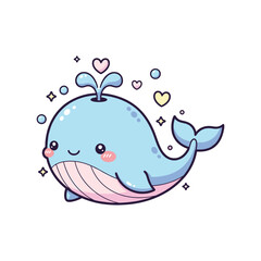 Cute blue and pink cartoon whale spouting water with hearts and bubbles © ELIACH