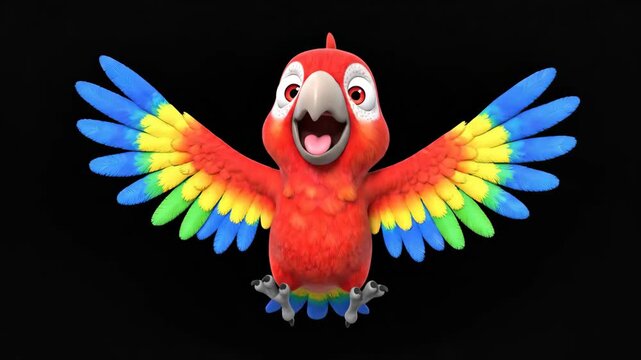 Adorable 3D Cartoon Parrot Red Macaw Character with Colorful Wings on Black Background Perfect for Children's Educational Content and Animation Projects.