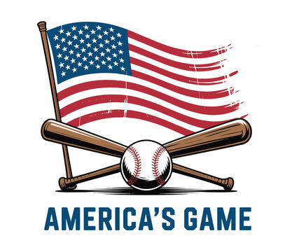 Vintage American baseball emblem with USA flag and crossed bats, patriotic sports logo with America's Game text, distressed athletic vector illustration