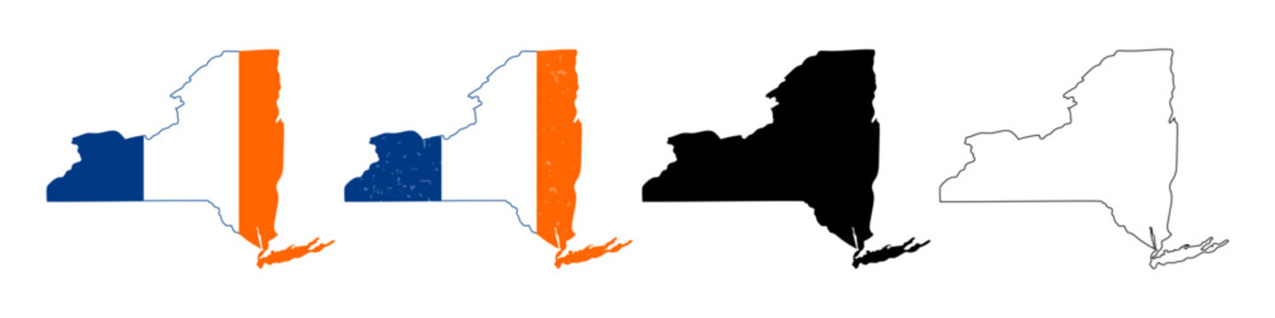 New York State Map Silhouette in NYC Flag Colors &ndash; Blue, White, and Orange | Set of New York State Map Icons: NYC Tricolor, Grunge, Solid, and Outline Styles | New York State Geographic Outline