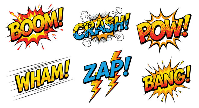 Colorful retro comic book sound effects set on white background
