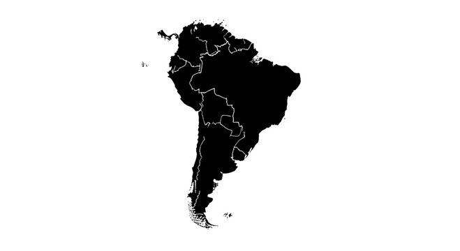 Black Silhouette Map of South America with White Country Borders