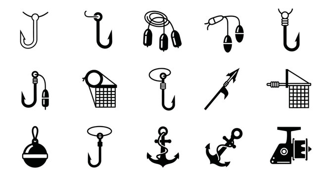 A collection of black and white vector icons depicting various fishing equipment and boating accessories, including hooks, nets, anchors, and a reel.