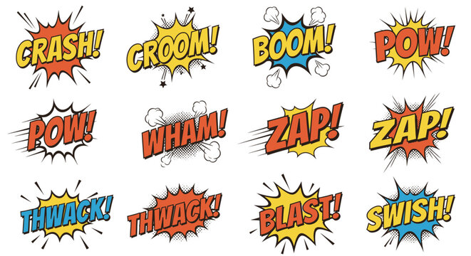 Comic book explosion speech bubbles with onomatopoeia text set