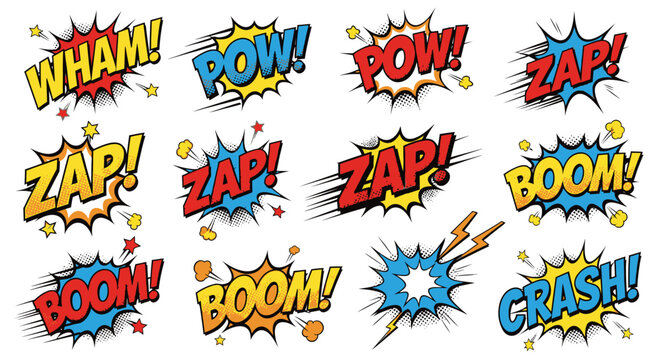 Comic book explosion bubbles with onomatopoeia sound effects