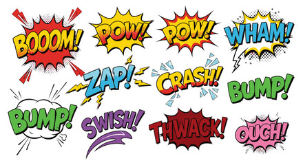 Obraz premium Comic book onomatopoeia sound effect bubbles set on white background