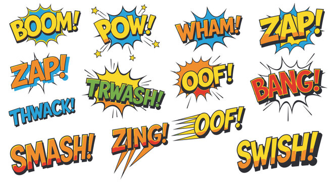 Comic book onomatopoeia sound effects set on white background