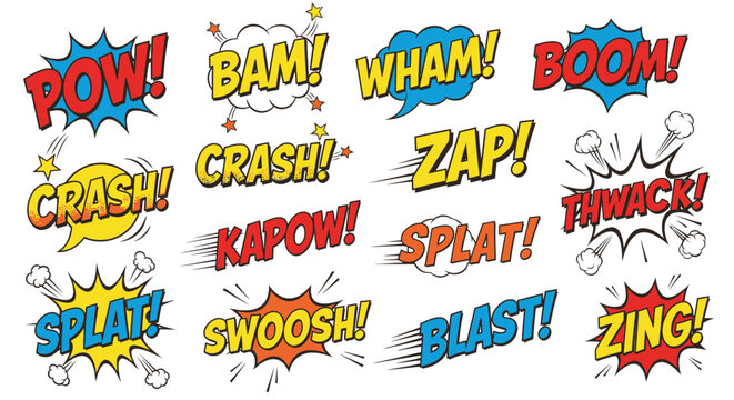 Comic book onomatopoeia sound effects set on white background