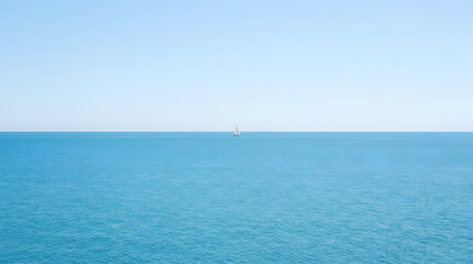 Fototapeta premium Expansive minimalist seascape with a solitary sailboat gently gliding across the calm, vast blue ocean under a clear, endless sky, capturing a serene sense of freedom and boundless tranquility