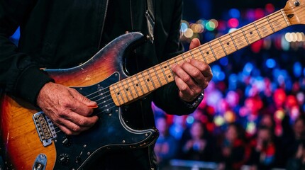 Obraz premium Musician plays electric guitar on stage with audience in background
