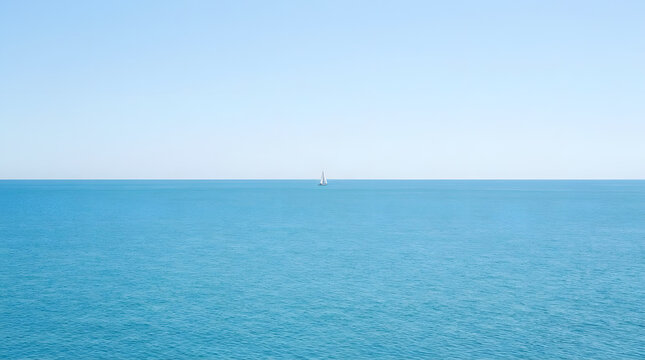 Expansive minimalist seascape with a solitary sailboat gently gliding across the calm, vast blue ocean under a clear, endless sky, capturing a serene sense of freedom and boundless tranquility