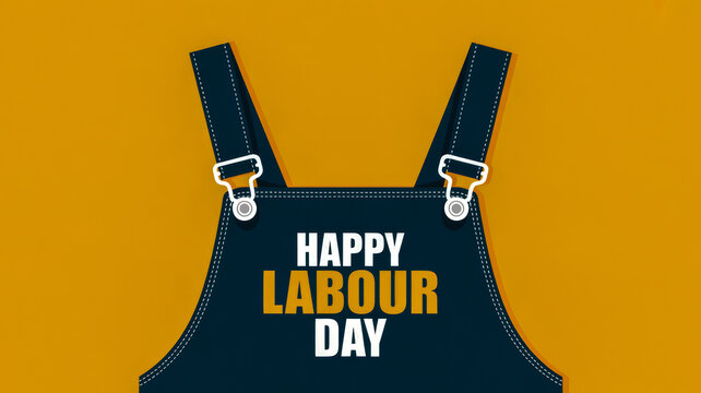 A graphic illustration of a dark blue overall bib with the text Happy Labour Day on an orange background