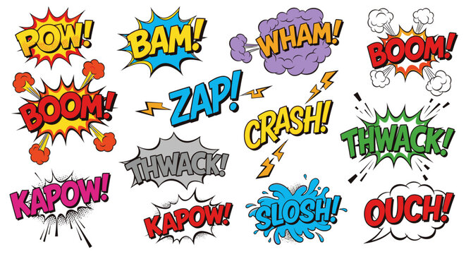 Comic book sound effect bubbles set on white background