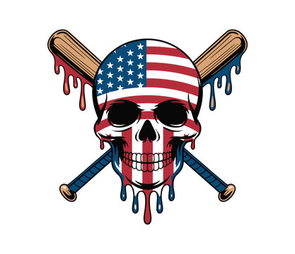 American flag skull with crossed baseball bats, patriotic dripping skull vector illustration, vintage sports mascot with stars and stripes