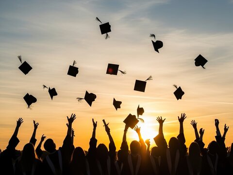 Graduates toss caps in the air during a sunset celebration