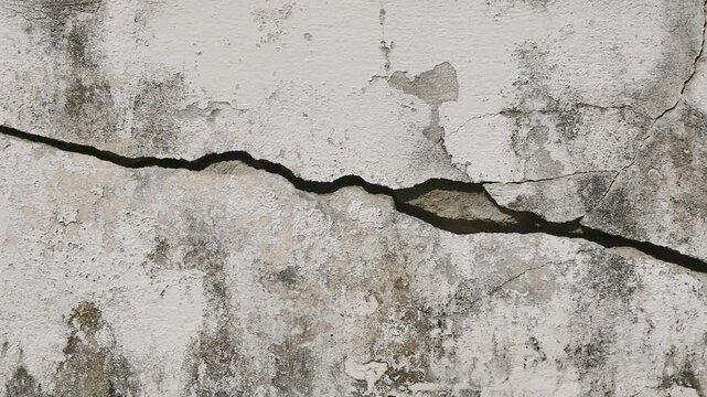 A deep horizontal crack on an old, weathered white wall with mold and moisture stains. Concept of building damage and aging structures.
