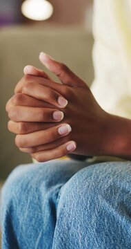 Hands, woman and nervous with anxiety for stress, coping mechanism and emotional tension. Person, fidget and restless with stimming, trauma response and overwhelmed for psychology behavior in therapy