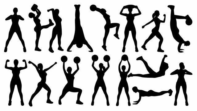 Diverse collection of black fitness silhouette icons depicting various exercises like running weightlifting yoga poses and bodyweight training ideal for health and wellness