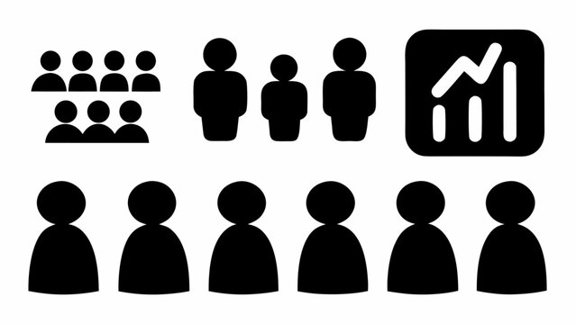 Diverse collection of black silhouette icons representing business concepts teamwork growth charts and human figures for digital and print applications vector graphics