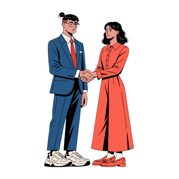 Minimalist One Line Drawing of Man in Suit and Woman Shaking Hands Isolated on White Background