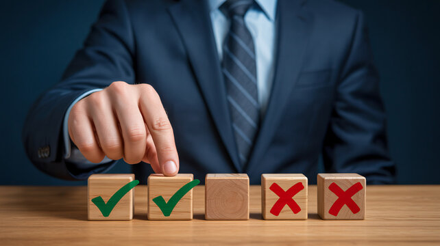 A businessman making a decision with checkmark and cross blocks on a wooden table