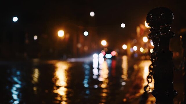 Evening View Of City Road With Passing Cars And Blurred City Lights