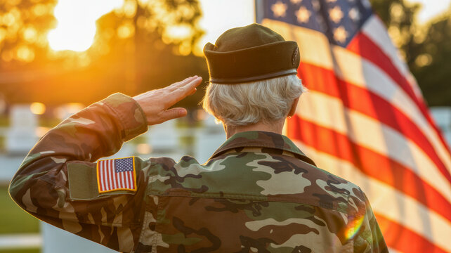 An honorable veteran in camouflage uniform salutes the American flag bathed in golden sunlight