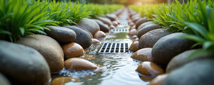 Water flows through stone garden drain with green plants. Drainage system uses natural elements for water management. Sustainable landscaping design.