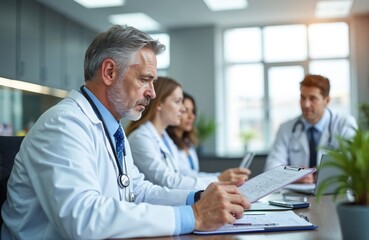 Fototapeta premium Medical team discusses patient chart in hospital office. Doctors review data at desk. Staff collaborates on healthcare treatment. Teamwork in clinic advances medicine.