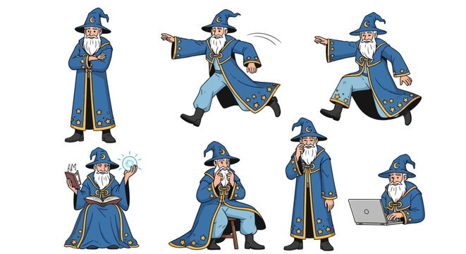Collection of Wizard Poses and Actions Depicting Magic and Study.