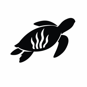 Sea Turtle Silhouette Vector with Abstract Shell Pattern, Marine Wildlife Black Icon Isolated on White Background