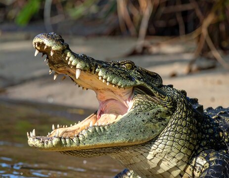 Close-up of a formidable crocodile with open mouth showcasing its teeth and tongue