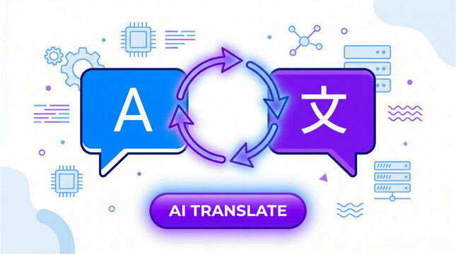 Advanced AI Language Translation Technology Vector Concept Featuring Speech Bubbles with Circular Exchange Arrows and Global Communication Symbols for Neural Machine Translation.