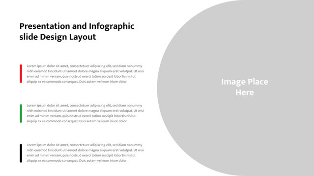 Modern presentation slide layout with prominent image placeholder and multiple text paragraphs