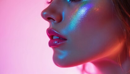Woman face lit by vibrant neon lights. Rainbow colors reflect on skin and lips. Modern beauty portrait for fashion and cosmetic ads. Studio shot, close-up profile.