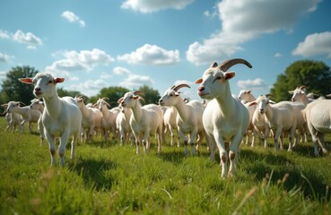 Fototapeta premium Herd of white farm goats graze on green grassy field under blue cloudy sky. Animals walk on pasture during daytime sunlight. Livestock roam freely on rural land.