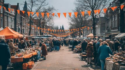 Street market during Kings Day in Netherlands with orange decorations and crowd shopping at outdoor flea market