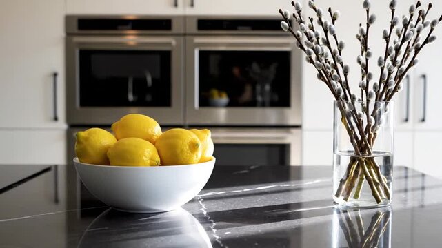 Bowl of lemons and pussy willow in modern kitchen