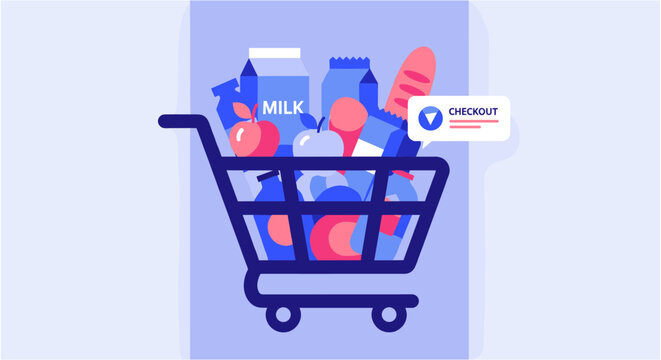 Online grocery shopping with a cart full of food