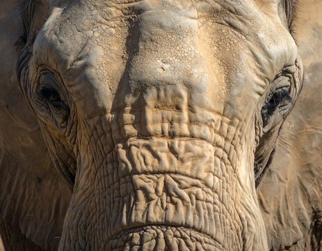 Close-up portrait showcasing the textured skin of an African Elephant's face