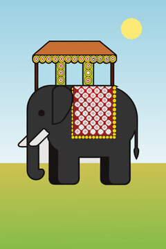 Stylized illustration of a decorated elephant carrying a covered palanquin