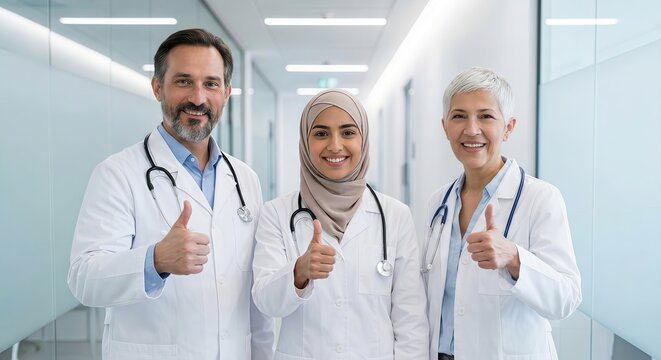 Diverse Medical Team Doctors Thumbs Up Hospital Corridor Success