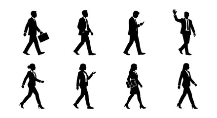 Fototapeta premium Business people walking silhouettes with briefcases, Set of male and female business silhouettes walking, carrying briefcases, and using phones for corporate commuting and workplace concepts.