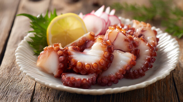 Fresh octopus served with lemon and radish on a white plate in a rustic setting