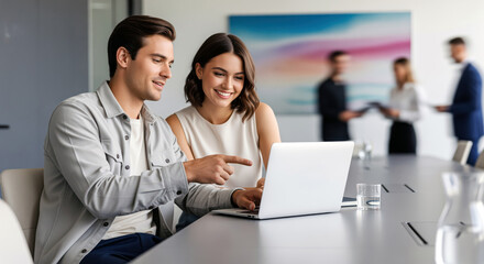 Obraz premium Software demo guiding a workflow rollout as two specialists compare options on screen and align next actions while partners in the background prepare documents for the final approval stage