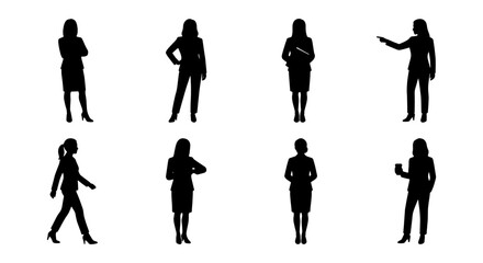 Fototapeta premium Women silhouette standing pose icon set, Black silhouette icons of women in different standing, walking, and gesturing poses, representing lifestyle, confidence, fashion, business, and social interact