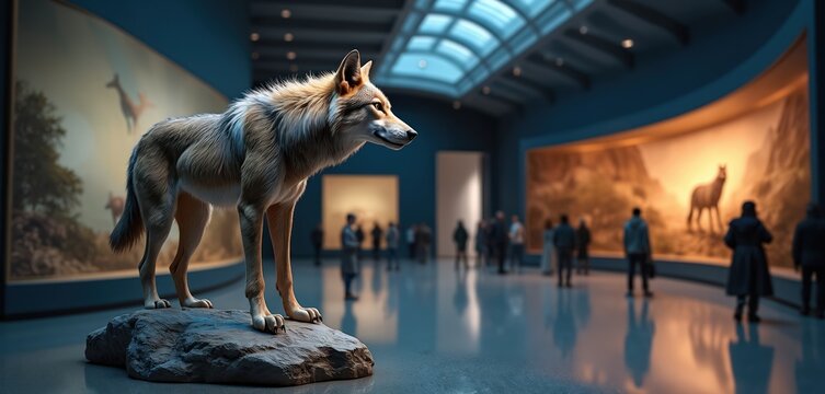 Life size dire wolf model stands on rock in museum gallery. Visitors view dioramas of ancient animals in halls. Dim ambient lighting creates atmospheric mood.