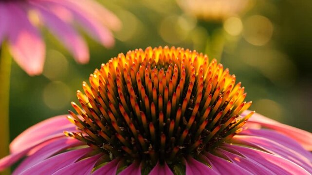 Purple coneflower in golden hour sunlight, macro echinacea flower head with orange center, blooming medicinal herbs in summer garden