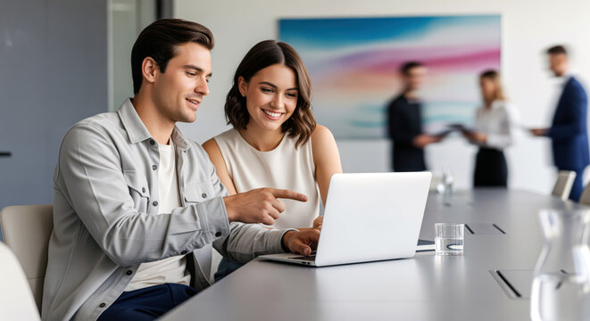 Software demo guiding a workflow rollout as two specialists compare options on screen and align next actions while partners in the background prepare documents for the final approval stage